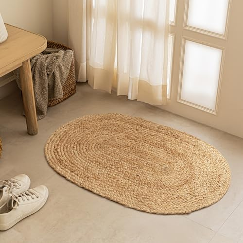 HOMEMONDE Alfombra ovalada reversible de yute – Fibra natural tejida a mano – Alfombras trenzadas de granja para entrada, puerta delantera, porche, alfombra de meditación, decoración del hogar (2 x 3