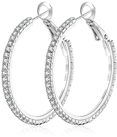 Large Rhinestone Hoop Earrings 925 Sterling Silver Post Cubic Zirconia Hoop Earrings Thin Rhinestones Round Hoop Earrings for Women Silver Hoop Earrings Sparkly Hoop Earrings with Crystals for Womens