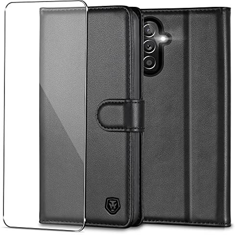 Kuafcase Handyhülle für Samsung Galaxy A54 Hülle mit Panzer Glas | Premium PU Leder Hülle, Kartenfächern, Standfunktion, Klapp-Geldbörse, RFID Schutzhülle, Stoßfest, Schwarz