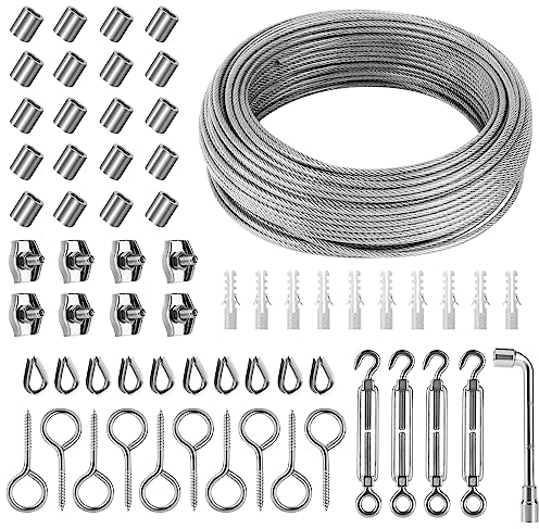 64 Pezzi Cavo Acciaio 3mm 30M 304 Cavo Acciaio Rivestito Cavetto Acciaio Tirante Cavo Acciaio Filo Acciaio Inox con Tenditore Morsetti per Cavo Acciaio Tendifilo Stendibiancheria