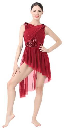 Lyrische Tanzkost�me Frauen Moderne Contemporary Tanz Kost�me Damen Ballettanzug �rmellos Tanzkleid Ballettkleid Pailletten T�llkleid Asymmetrische Gymnastik Leotard Kleid Ballett Trikot Dunkelrot L