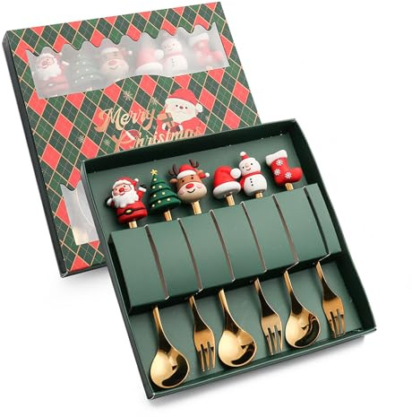 FRUHLING Weihnachtslöffel Gabeln Set, 6 Stück, Edelstahl, Gold