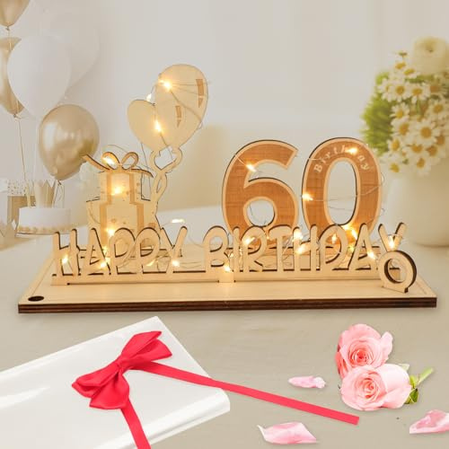 Seutgjie 60 Geburtstag Deko für Mann Frau Geldgeschenke mit LED Lichterkette Fliege und Geschenkpapier Holz Schild Gästebuch 60 Jahre Diamantene Hochzeit Jubiläum Tischdeko