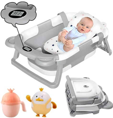 MATERCUBS Collapsible Baby Bath Tub with Thermometer - Baby Bath Support for Newborn Bath - Portable Bathtub with Drain Plug for Travel - Anti Slip Tub with Shower Jug and Toy 0-24 Months (Grey)