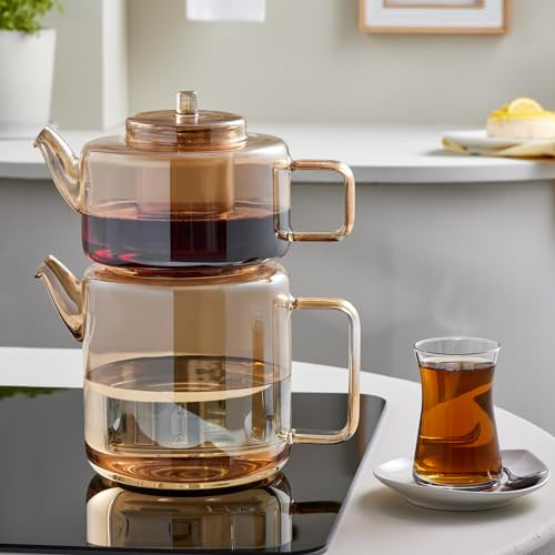 Karaca Flat Borosilicate Glass Teapot Amber – Dual-Chamber 1.1 L / 1.8 L, Heat-Resistant & Dishwasher Safe