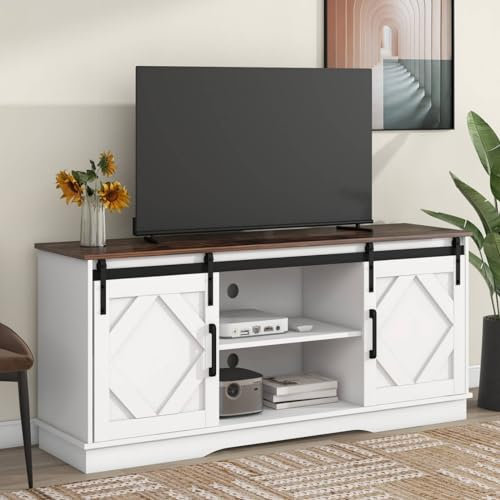 Sweiko Meuble TV, centre de divertissement, buffet avec 2 portes coulissantes, meuble TV multifonction avec étagères réglables, meuble TV en bois de qualité supérieure pour salle à manger et salon