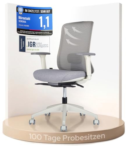 SCHEKKA ErgoPrime Pro Bürostuhl ergonomisch - TESTSIEGER IGR Zertifiziert | Schreibtischstuhl individuell einstellbar - Home Office Chair Drehstuhl - Bürostuhl 150 kg Grau