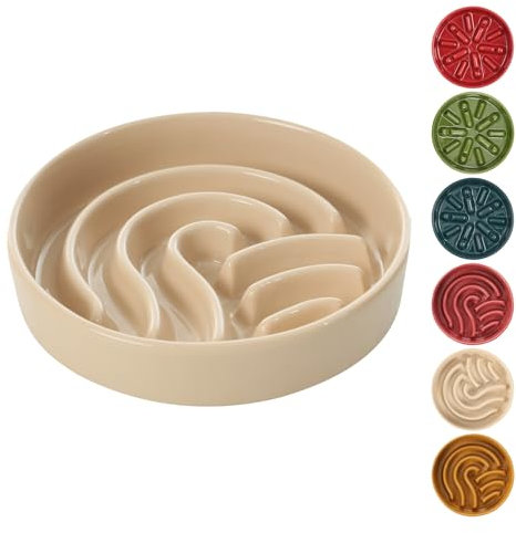 BICOPET Keramik-Labyrinth Hund Slow Feeder mit rutschfestem Silikonrand - Robuste Steingut-Schüssel mit Puzzle-Muster zur Vorbeugung von Blähungen & Fettleibigkeit (Apricot-M)
