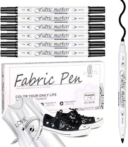 Schwarz Textilstifte Waschmaschinenfest , 6 Stück Textilmalstifte Stoffmalfarben Waschfest 1-5mm Stoff stifte Dual Tip Textilmarker , textilfarbe waschmaschinenfest für T-shirt Stoffbeutel Hut Schuhe