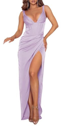 Vestidos de dama de honor de satén para mujer, cuello en V, tirantes delgados, vestidos de graduación con abertura, Lila, 36
