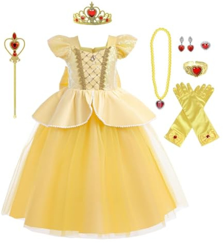 Lito Angels Vestido Disfraz Princesa Belle la Bella y la Bestia Fiesta Cumpleaños Carnaval con Accesorios para Niñas Pequeñas Talla 2-3 Años, Amarillo (Número de etiqueta 100)
