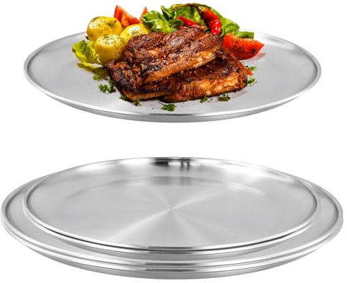 CHUIFAI Set med 5 runda pizzaplattor i rostfritt stål, 26 cm och 30 cm pizzaplåt rund, diskmaskinssäker pizzaform rund, silver pizza bakplåt-set för servering ugn bakning