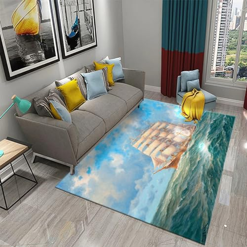 Ölgemälde Segelboot Sonnenuntergang Meereslandschaft Landschaft -Druck 3D-Teppich Für Wohnzimmer, Flanellteppich, 100 X 200 Cm Schlafzimmerteppich, Badematte, Heimdekoration, Moderne Für Küche -3X1G7B