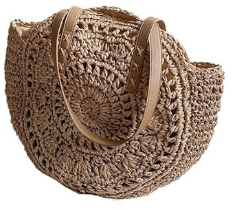 wangfq Korbtaschen Damen Sommer Runde Stroh Tasche for Frauen Hohl Gewebt Reise Strand Tasche Große Kapazität Schulter Tasche Casual Shopping Handtasche Tote Basttaschen Damen Sommer