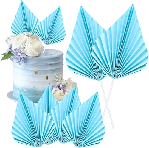 Gyufise Lot de 6 décorations de gâteaux en papier pour gâteaux, éventails en feuille de palmier et feuilles de lance – Décoration de gâteau pour projets de bricolage, maison, mariage et fête – Bleu