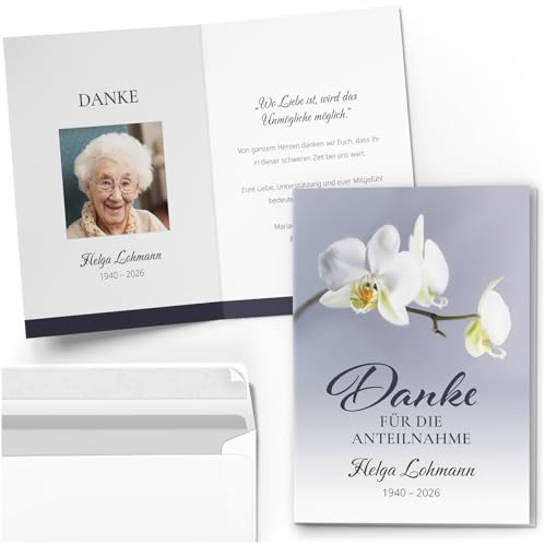10 personalisierte Trauer Danksagungen Dankeskarten mit eigenem Text & Foto | Individuell anpassbare Trauerkarten mit Briefumschlägen | Karten Blumen weisse Orchidee