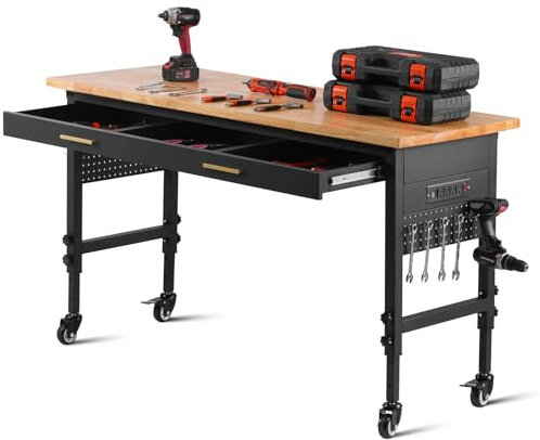 VEVOR verstellbare Werkbank, Werkbank mit Steckdose, Rädern und Stecktafel, robuster Arbeitstisch mit Eichenholzplatte für Garage, Werkstatt, Büro und Zuhause 153 x 61cm