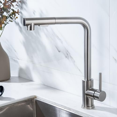 YENTAKE Wasserhahn Küche, Hochdruck Küchenarmatur mit Ausziehbarer Brause, 360° Drehbar, Zwei Wasserstrahlarten, Edelstahl Mischbatterie Küche für Spültisch (Edelstahl)