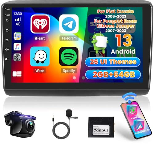 [2G+64G] Hikity Autoradio Für FIAT Ducato/Peugeot Boxer/Citroen Jumper 2006-2023 Android Wireless Carplay Android Auto 9Zoll Auto Radio mit 26UI FM RDS GPS Navi WiFi EQ Bluetooth MIC Rückfahrkamera