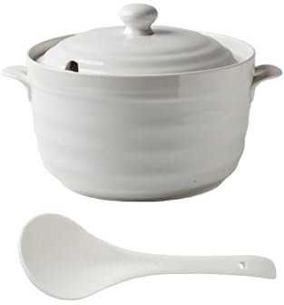 Double Handle Lid Pure White Ceramic Tureen Soup Ceramic Round White Dish Casserole/Clay Pot/Earthen Pot/Ceramic Cookware with White Lid Heat-Resistant,2200ml