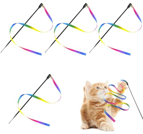 Kzouenzu Katze Zauberstab 60cm, Katze Wand Interaktives Spielzeug [4 Stück], Interaktives Katzen Regenbogenstab Schnurspielzeug, Interaktiver Zauberstab Für Katzen Für Trainingsgerät Indoor