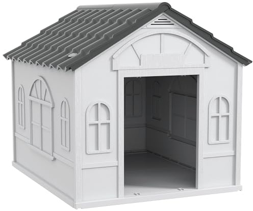 PawHut Caseta para Perros Medianos 84,2x98,2x82 cm, Casa para Perros con Patrón de Ventana, Techo de Tejas de Imitación, para Interior y Exterior, Gris y Blanco