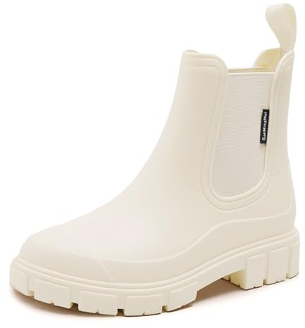 DRECAGE Gummistiefel Damen Wasserdicht Stiefel Damen Halbhoch Ankle Chelsea Boots Stylisch Stiefeletten mit Rutschfest Sohle Beige 40