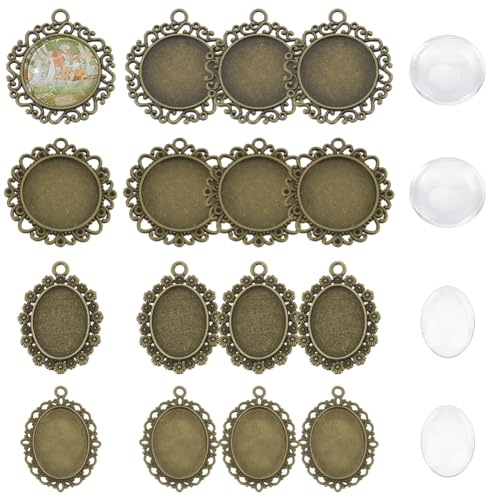 AHANDMAKER 30 Stück 4 Stile Antik Bronze Anhänger Tabletts Kit Anhängertabletts Mit Glascabochons Zur Schmuckherstellung Blanko Anhängerschalen Mit Lünette Für DIY Anhängerbasteln