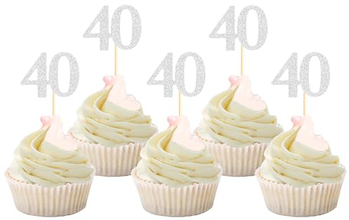 Sotpot 40th Birthday Cheers to 40 Years Cupcake Toppers Silver Glitter 30 pack for 40th Birthday Anniversary Party Decor Supplies