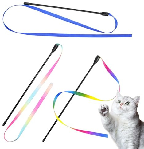 3 Pack Cat Wand Toy Set Colorful Fabric Ribbon Interactive Toy for Kitten | Cat Wand Teaser for Kitten Exerciser Accessories Cats Training Playing Indoor Pet Interactive Toy