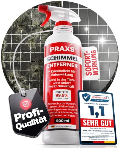 PRAXS® Schimmelentferner Spray 500 ml, 2,4% Aktiv-Chlor mit Kriecheffekt | Profi Anti Schimmelspray für Wand, Bad, Fliesen & Silikonfugen, gegen Stockflecken & Pilze, Made in Germany