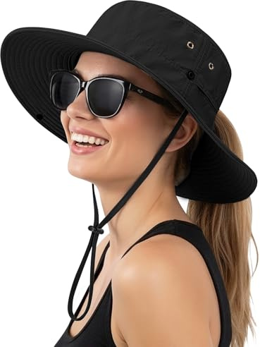 Xnvoa UV Schutz Sonnenhut Damen mit Kinnriemen, Sommerhut UPF 50+ Bucket Hat Faltbar Outdoor Verstellbarer Breite Krempe Fischerhut mit Pferdeschwanz Loch (Modell B-Schwarz, Hutumfang: 56-58 cm)