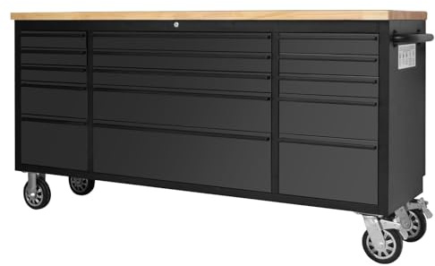 72 Heavy Duty Rolling Tool Chest,Locking Steel Tool Cabinet with 15 Drawers Mobile Workbench with Rubber Wood Work Surface Tool Box with Wheels for Workshop