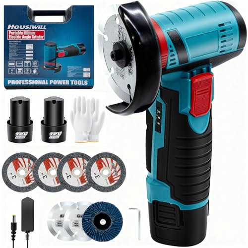 Mini Akku Winkelschleifer, 76mm Kabelloser Winkelschleifer, 19500RPM Professional Trennschleifer, Akku Flex, 2 Batterien, 7 Scheiben, Geeignet zum Schneiden und Polieren
