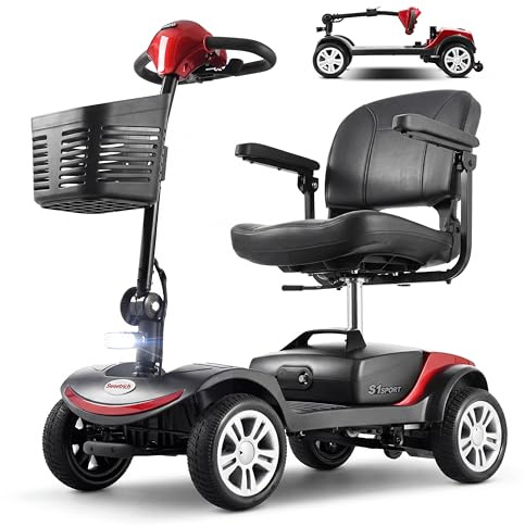 Elektromobil mit 4 Rädern für Senioren S1 SPORT | 300W Motor | 136 kg Tragkraft | 6 km/h | 360° drehbarer Luxussitz | 9-Zoll-Vollreifen | Herausnehmbarer Akku | Ohne Führerschein(RED)