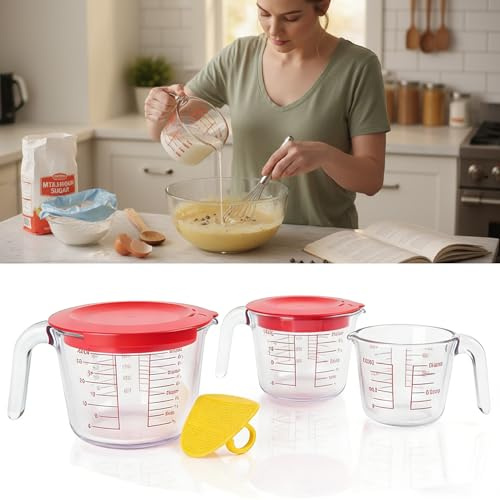WADY Juego de 6 vasos medidores de cristal, resistentes al calor, aptos para microondas, escala en mililitros, copas, oz, transparente, rojo