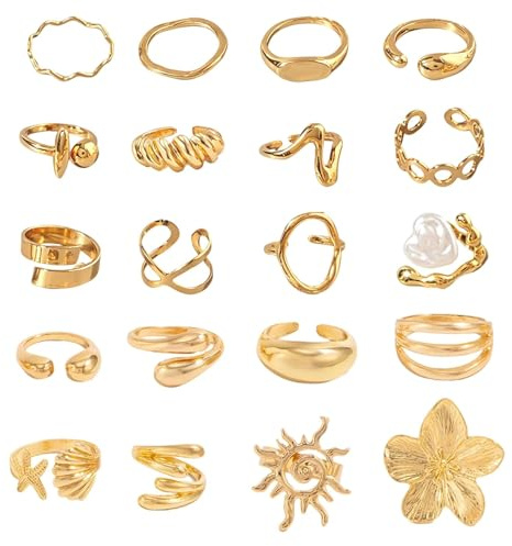 JSTHHTT 18 Pcs Bague Or Femme Ajustable et Connectée | Bague Rétro Vintage Réglable pour Phalange | Ensemble de Bagues Empilables en Or pour Femme Fille