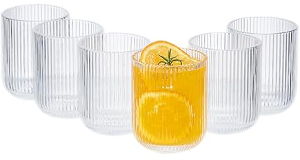 Eden & Willow Drinking Glasses Set 290ml, 6 Pcs Clear Glass Tumblers, BPA Free & Dishwasher Safe Small Highball Glasses, Iced Coffee Cocktail & Juice Ribbed Glassware, Housewarming Gifts