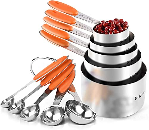 U-Taste Tazas Cucharas Medidoras Juego, acero 18/8, 10 Piezas, Naranja | Reposteria Hornear y Cocinar en la Cocina, Mango de Grosor Mejorado
