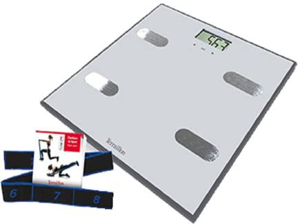 Terraillon - Bilancia Pesa Persona Elettronica Easy Move - Analisi delle masse corporee, BMI, 8 Memorie Utenti, 150 kg - Elastica Ssport e Libretto di 17 esercizi Incluso - Grigio