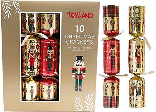 RMS 10 Luxury Nutcracker & Tartan Christmas Crackers with 10 x 14” Party Hats & Luxury Gifts