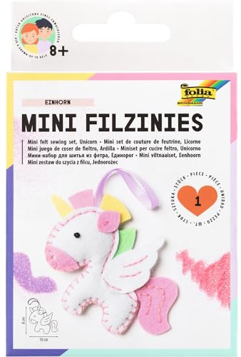 folia 52910 - Mini Filzinies Anhänger Einhorn, 15 teiliges Filz Nähset zur Herstellung eines selbstgenähten Anhängers, für Kinder ab 8 Jahren, bunt