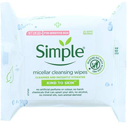 Simple Kind to Skin Micellar Remove Waterproof Make-up Cleansing Wipes for Sensitive Skin 25 Wipes