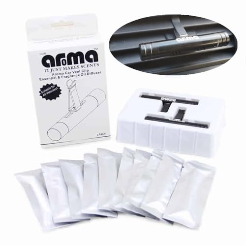 Our Aroma Diffusore cilindrico per auto con clip per bocchetta di ventilazione per oli essenziali, aromaterapia o diffusore di fragranze per auto, con oli profumati, 2 diffusori in alluminio e 10