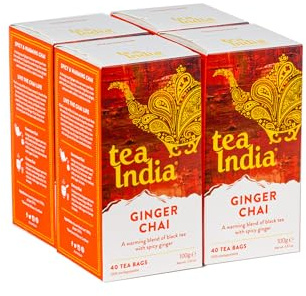 Tea India Chai Tea Bags (4 Packs of 40 Biodegradable Tea Bags) Rainforest Alliance Certified (Ginger Chai)