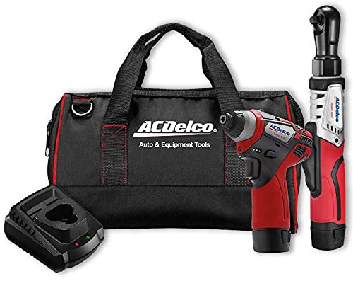 ACDelco ARW12103-K2 G12 Lithium-Ion 12V (10.8V) 3/8” Brushless Electric Cordless Ratchet Wrench & 1/4 Hex Impact Driver Power Combo Kit | Tool Set Includes x2 Battery Packs, x1 Charger & Canvas Bag