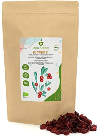 IDDA Herbal Arándanos Rojos Orgánicos Deshidratados 500g, Ligeramente Endulzados con Jugo de Fruta