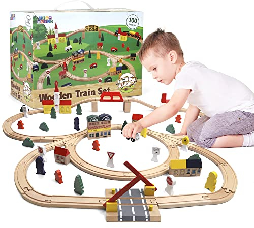 Play Build Holzeisenbahn Set Für Kinder 100–Teiliges Komplettes Holz Eisenbahnen Set– Interaktives Spiel- Und Lernset – Kreatives Holzeisenbahn-Design – Premium-Qualität Eisenbahn Holz –Ab 3 Jahren