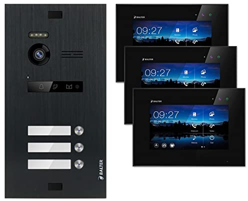 Nonic Balter EVO Video-Türsprechanlage Set 3 Familienhaus (1x Türstation mit Kamera Schwarz, 3X Touchscreen 7 Zoll LCD-Monitor Schwarz, 2-Draht Bus, 150° Kamera, Türöffner, Interkom)