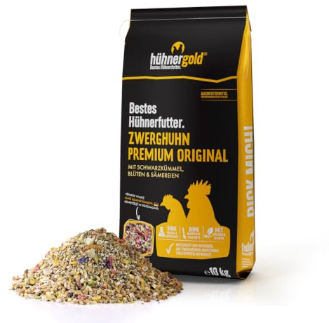 hühnergold Zwerghuhn Premium 20kg (2x10kg) Alleinfutter | Mit Kräutern, Blüten & Insektenprotein – Alleinfutter für Zwerghühner für Vitalität, Verdauung & ausgewogene Ernährung